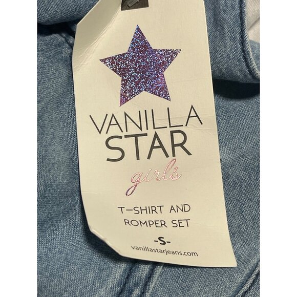 Vanilla Star Girls Denim Overall Romper & White T-Shirt Set Size S 7/8 Light Was - Picture 6 of 11